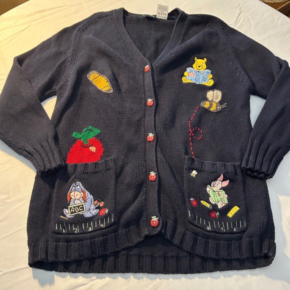 Vintage 90's Disney Winnie the Pooh Knit Cardigan Sweater Teacher School Medium - Picture 1 of 11